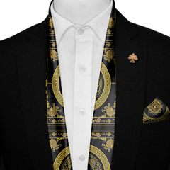 GOLDEN BAROQUE SILK SCARF WITH LAPEL PIN AND POCKET SQUARE