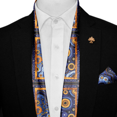 HAND DRAWN ABSTRACT SILK SCARF WITH LAPEL PIN AND POCKET SQUARE