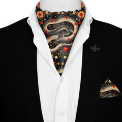 HYPERREALISTIC JAPANESE SNAKE ART SILK ASCOT WITH LAPEL PIN AND POCKET SQUARE
