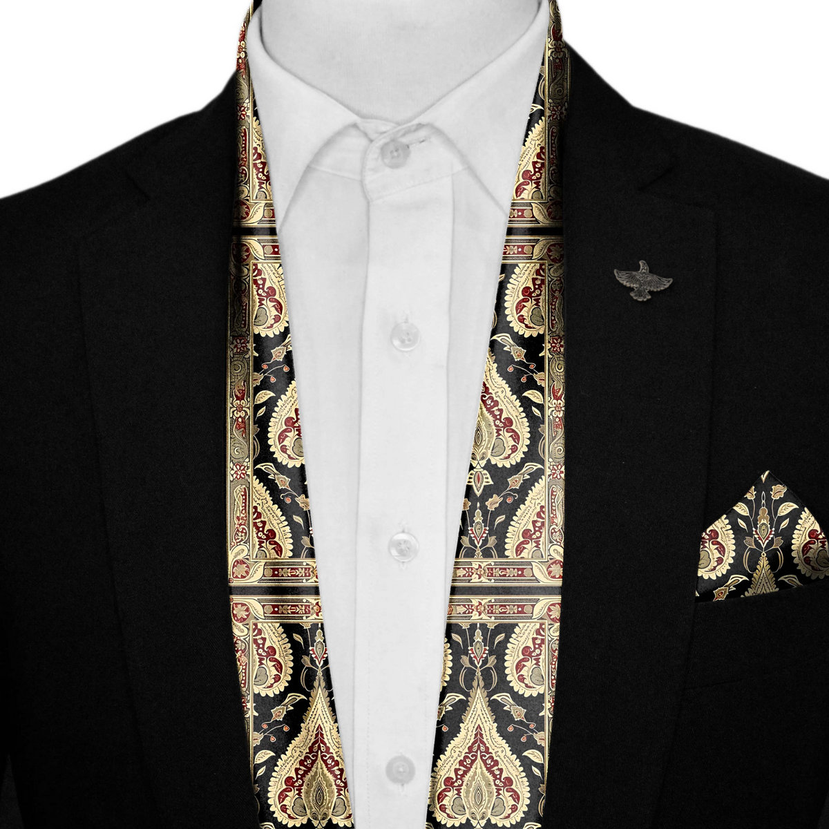 IKAT ETHNIC SILK SCARF WITH LAPEL PIN AND POCKET SQUARE