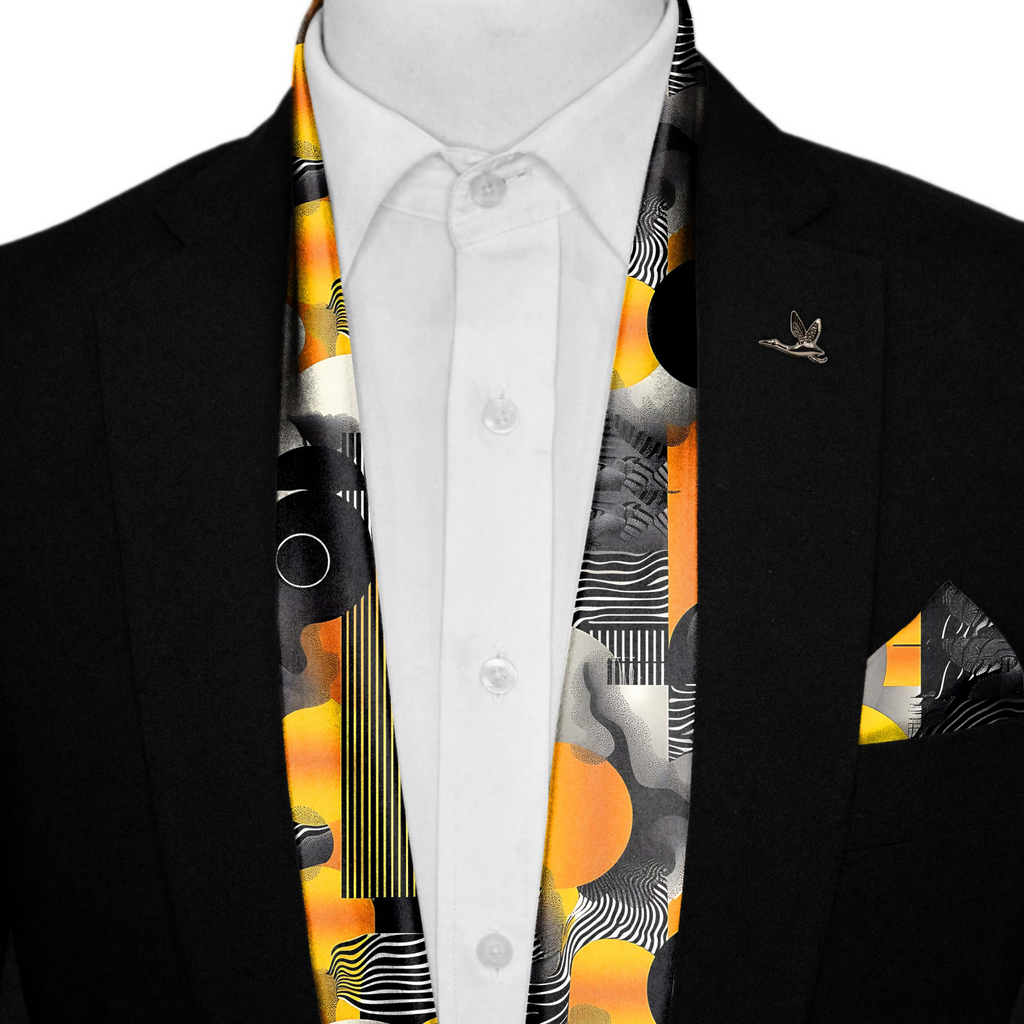 ABSTRACT VINTAGE SILK SCARF WITH LAPEL PIN AND POCKET SQUARE