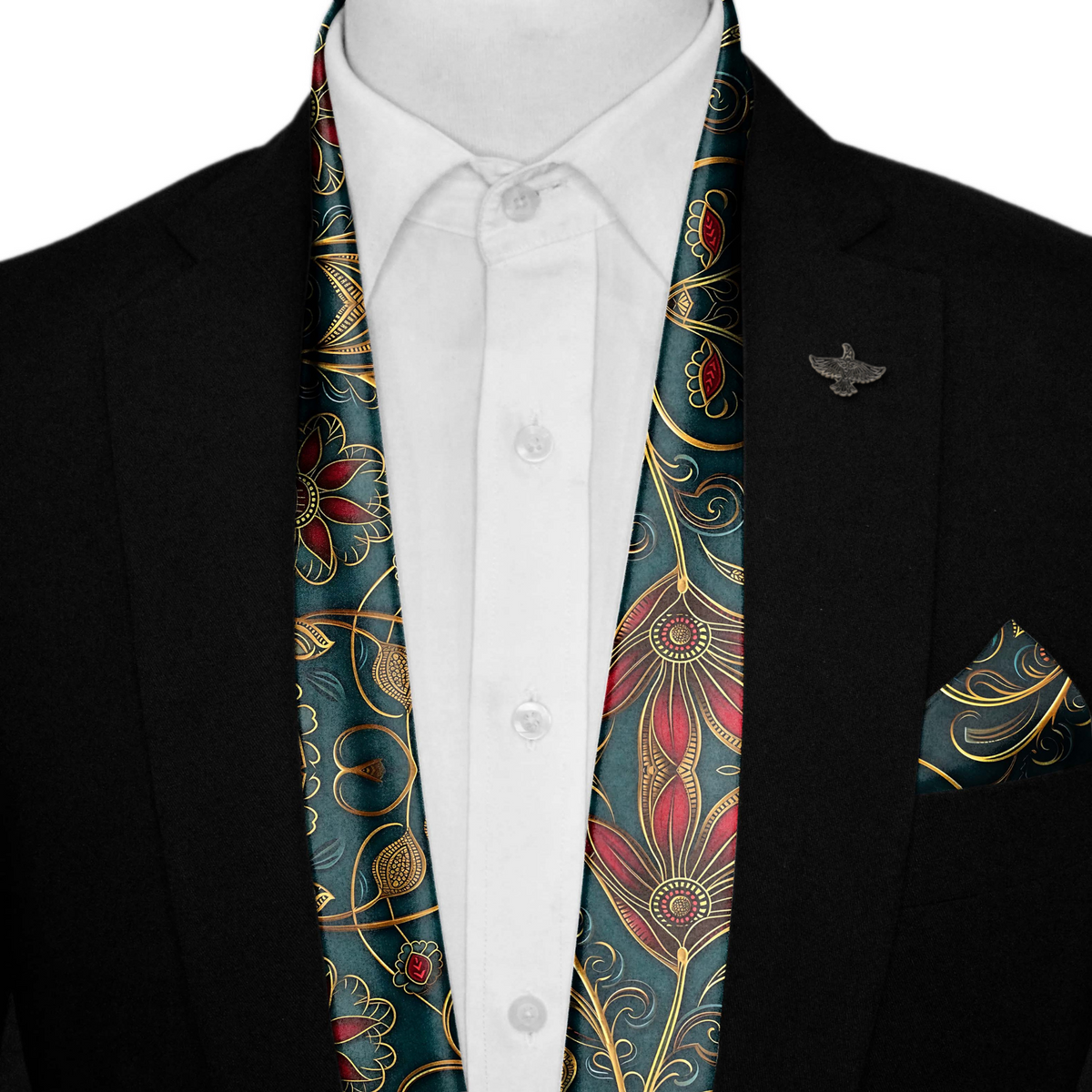 INTRICATE BOHEMIAN SILK SCARF WITH LAPEL PIN AND POCKET SQUARE