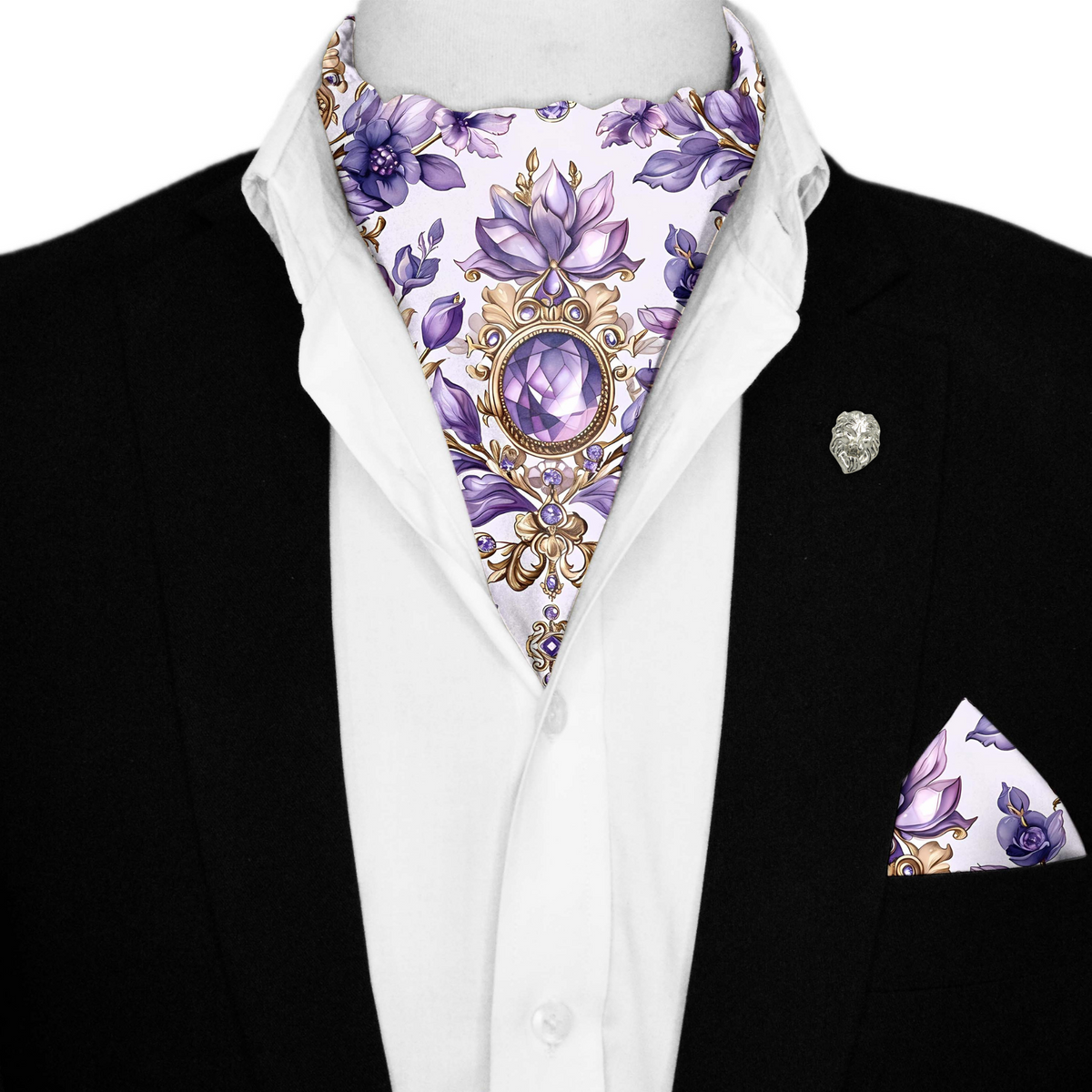 LISIANTHUS FLOERS SILK ASCOT WITH LAPEL PIN AND POCKET SQUARE