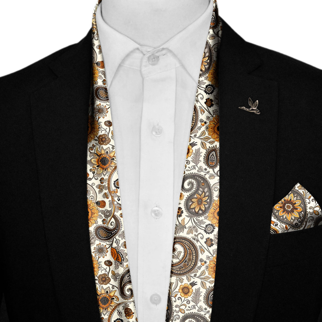 A DITSY PAISLEY SILK SCARF WITH LAPEL PIN AND POCKET SQUARE