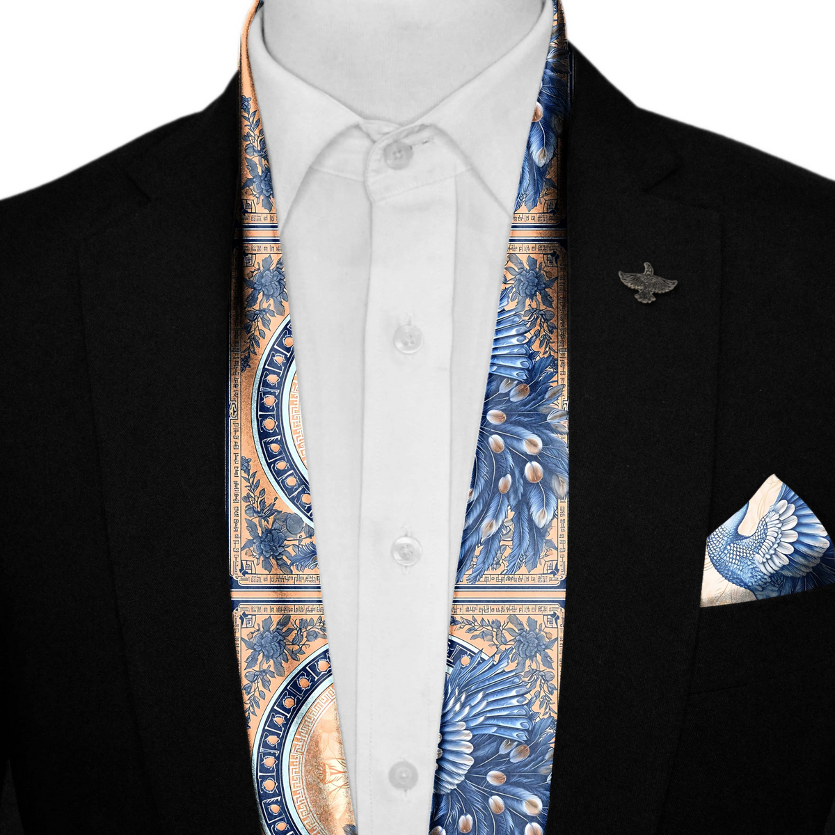 LUXURY CHINOISERIE SILK SCARF WITH LAPEL PIN AND POCKET SQUARE