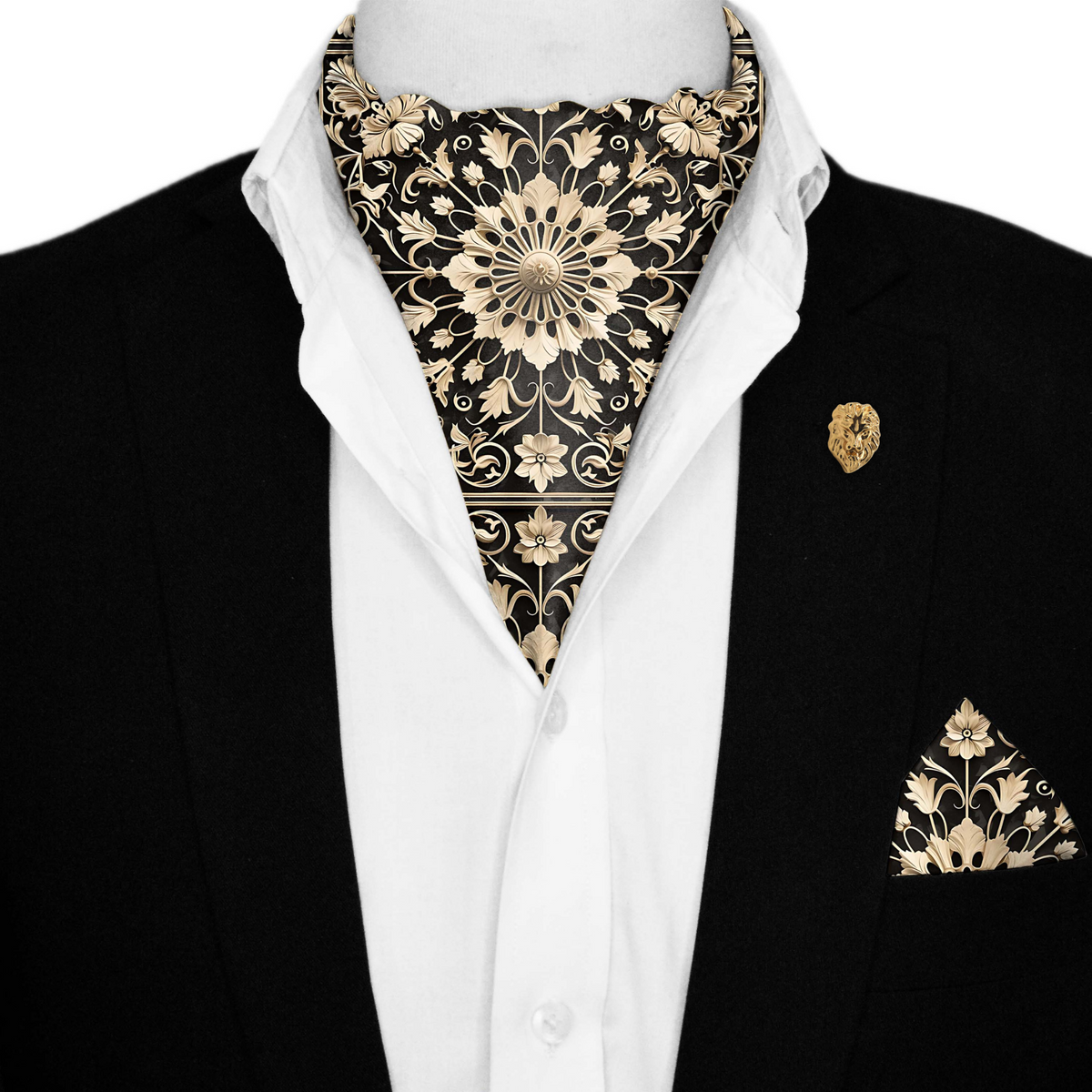 MANDALA ART SILK ASCOT WITH LAPEL PIN AND POCKET SQUARE