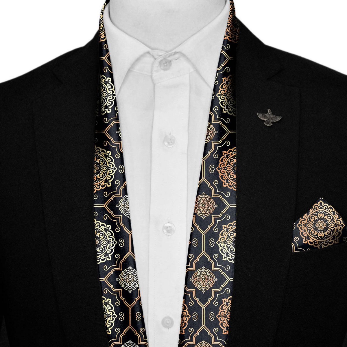 LUXURY ROYAL PATTERN SILK SCARF WITH LAPEL PIN AND POCKET SQUARE