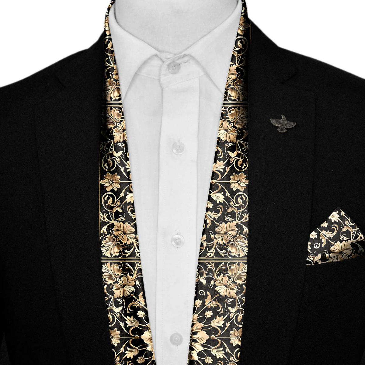 MANDALA ART SILK SCARF WITH LAPEL PIN AND POCKET SQUARE