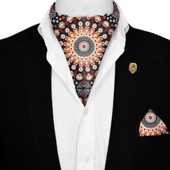 MANDALA DESIGN SILK ASCOT WITH LAPEL PIN AND POCKET SQUARE