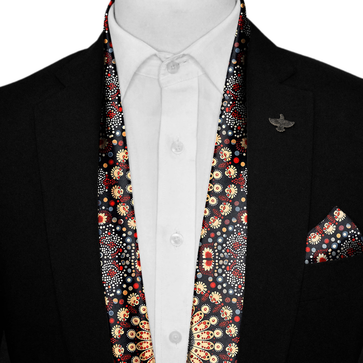 MANDALA DESIGN SILK SCARF WITH LAPEL PIN AND POCKET SQUARE