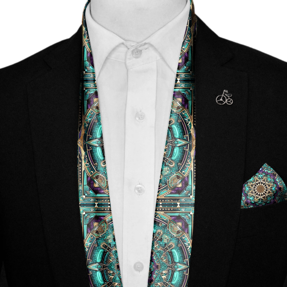 NEON MANDALA SILK SCARF WITH LAPEL PIN AND POCKET SQUARE