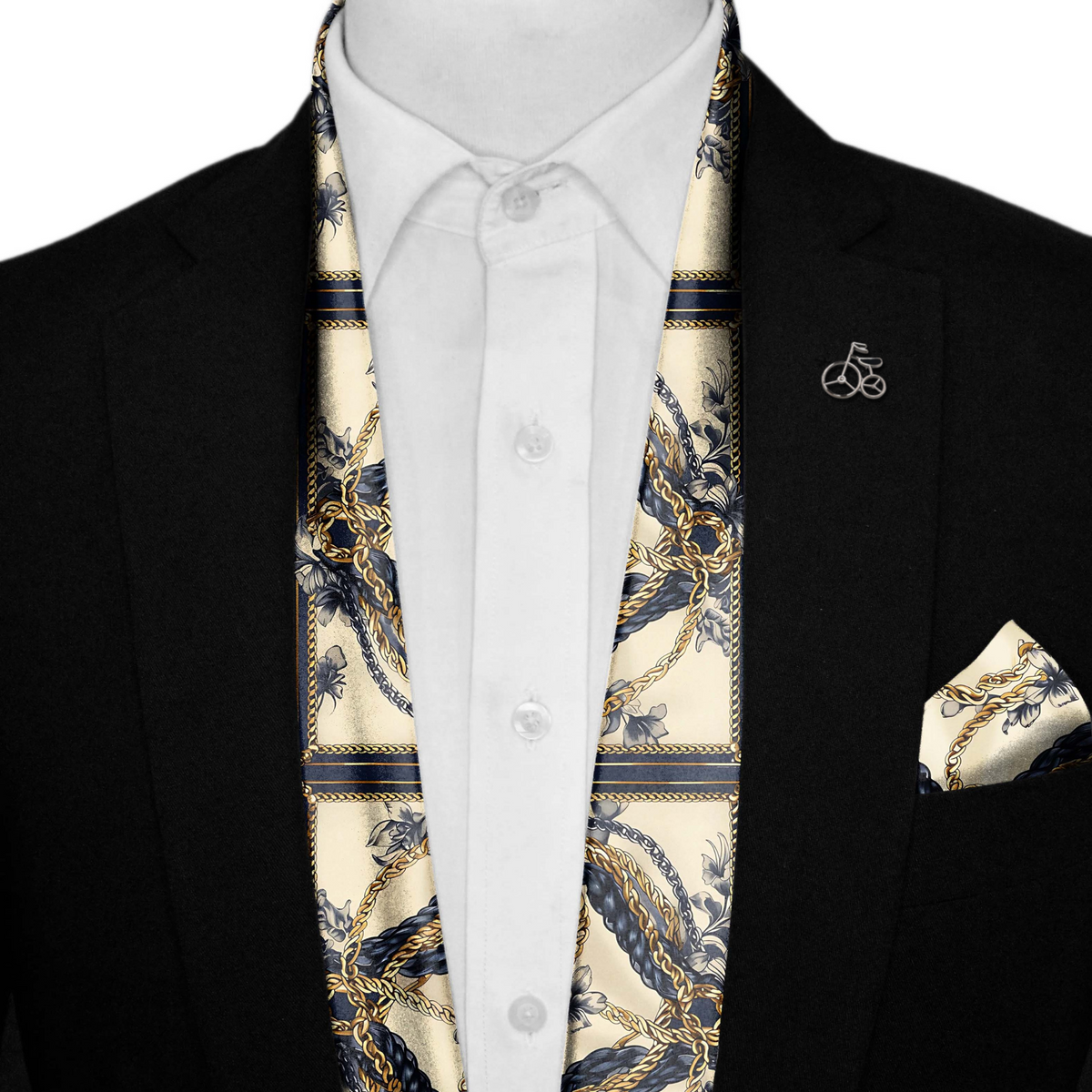 NEW BELT CHAIN  SILK SCARF WITH LAPEL PIN AND POCKET SQUARE