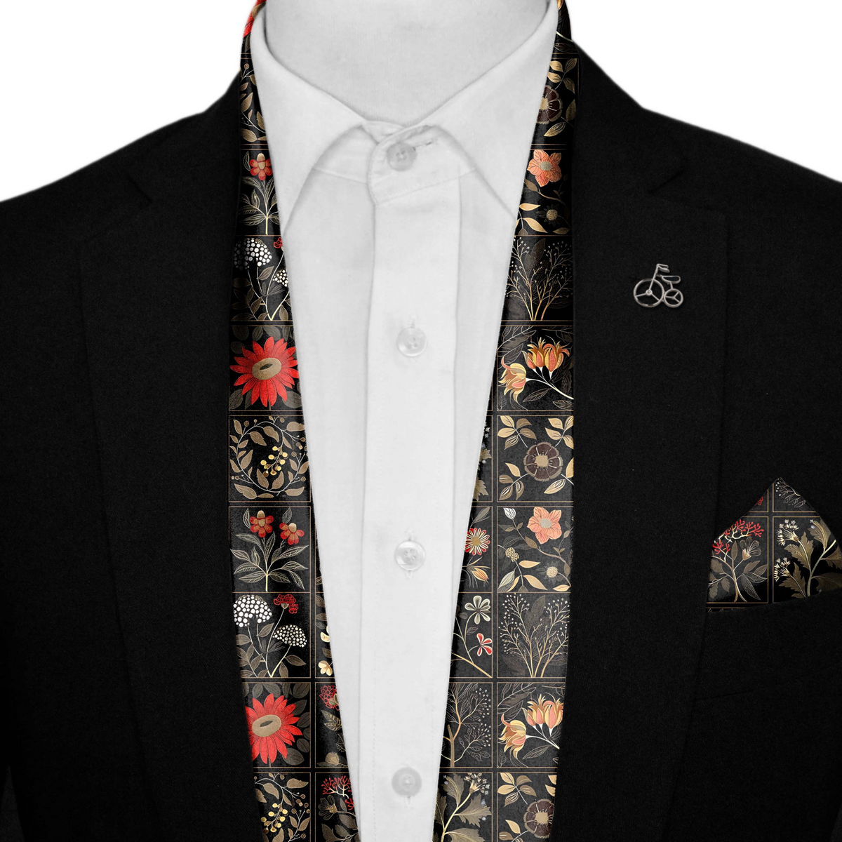 ORGANIC DARK FLORAL SILK SCARF WITH LAPEL PIN AND POCKET SQUARE