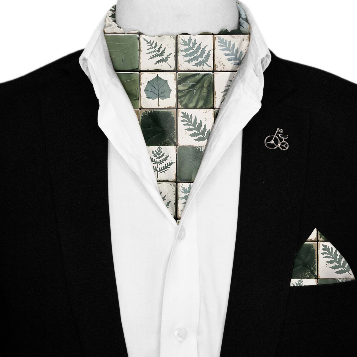 SIDRONS SILK ASCOT WITH LAPEL PIN AND POCKET SQUARE