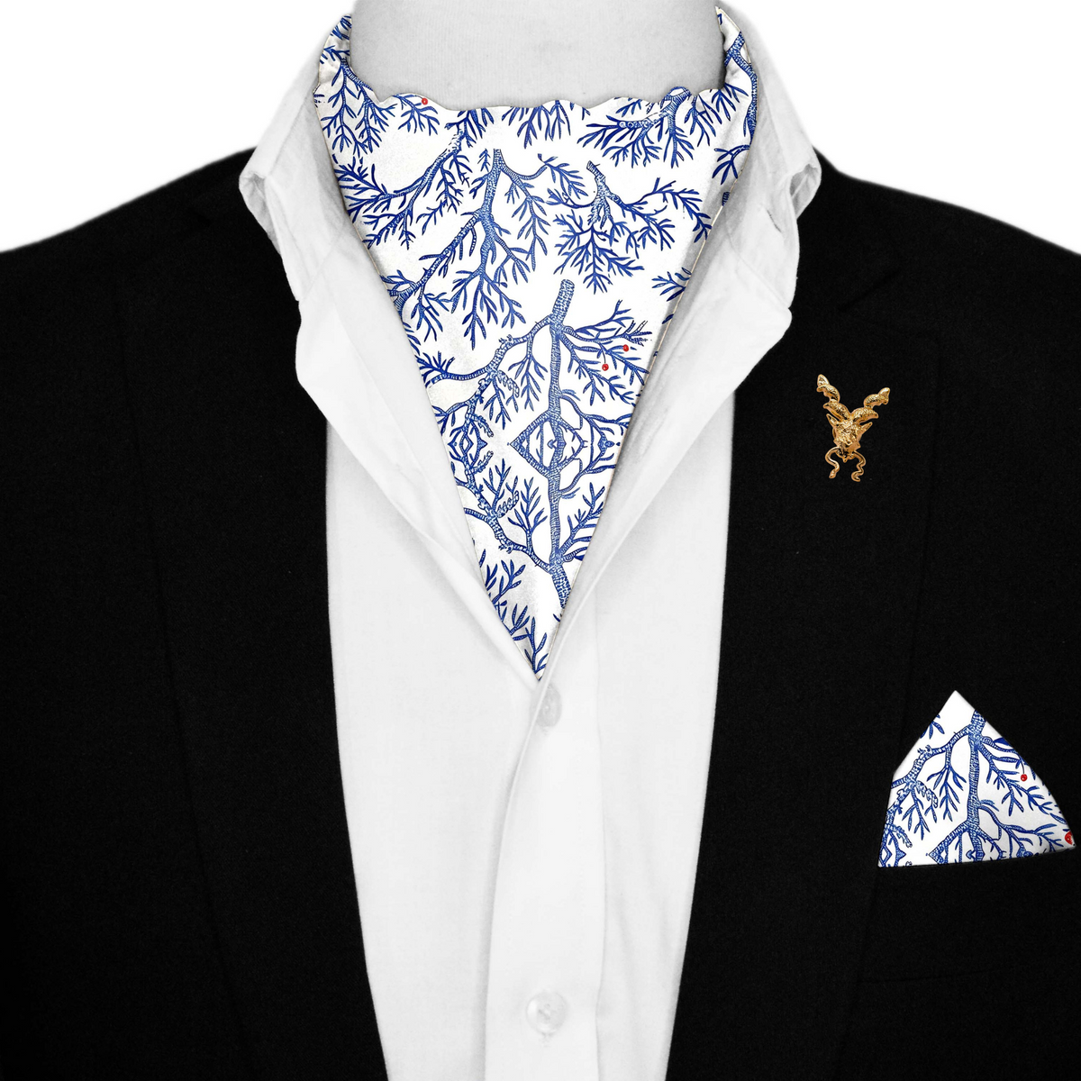 SNOWFLAKE TREE SILK ASCOT WITH LAPEL PIN AND POCKET SQUARE