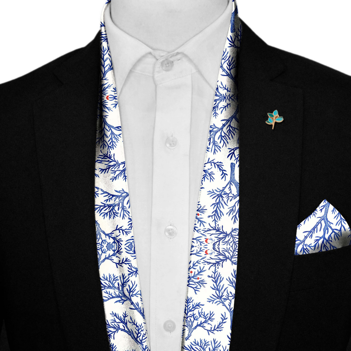 SNOWFLAKE TREE  SILK SCARF WITH LAPEL PIN AND POCKET SQUARE