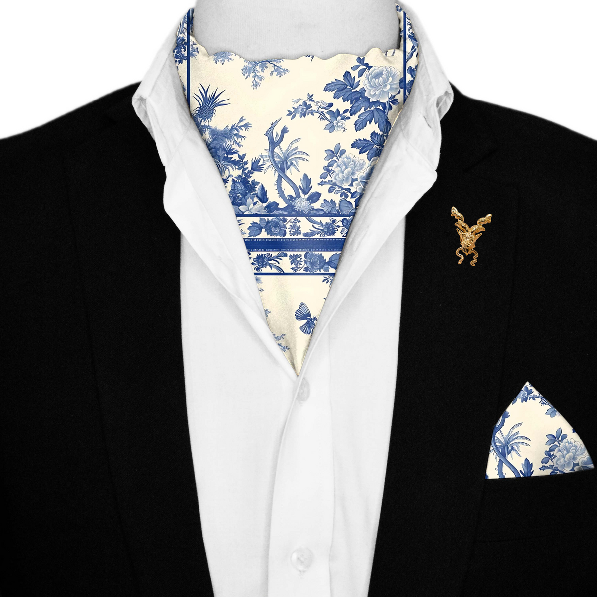 TRADITIONAL CHINESE SILK ASCOT WITH LAPEL PIN AND POCKET SQUARE
