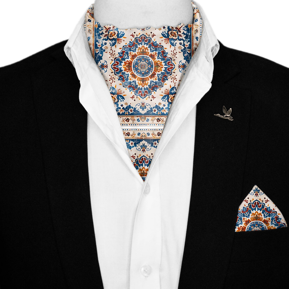 TURKMEN AFGHAN SILK ASCOT WITH LAPEL PIN AND POCKET SQUARE