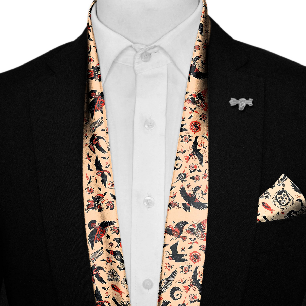 TATTOO FLASH BANDANA SILK SCARF WITH LAPEL PIN AND POCKET SQUARE