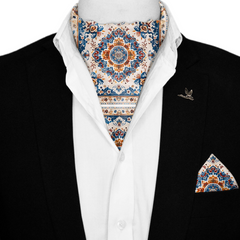 TURKMEN AFGHAN SILK ASCOT WITH LAPEL PIN AND POCKET SQUARE