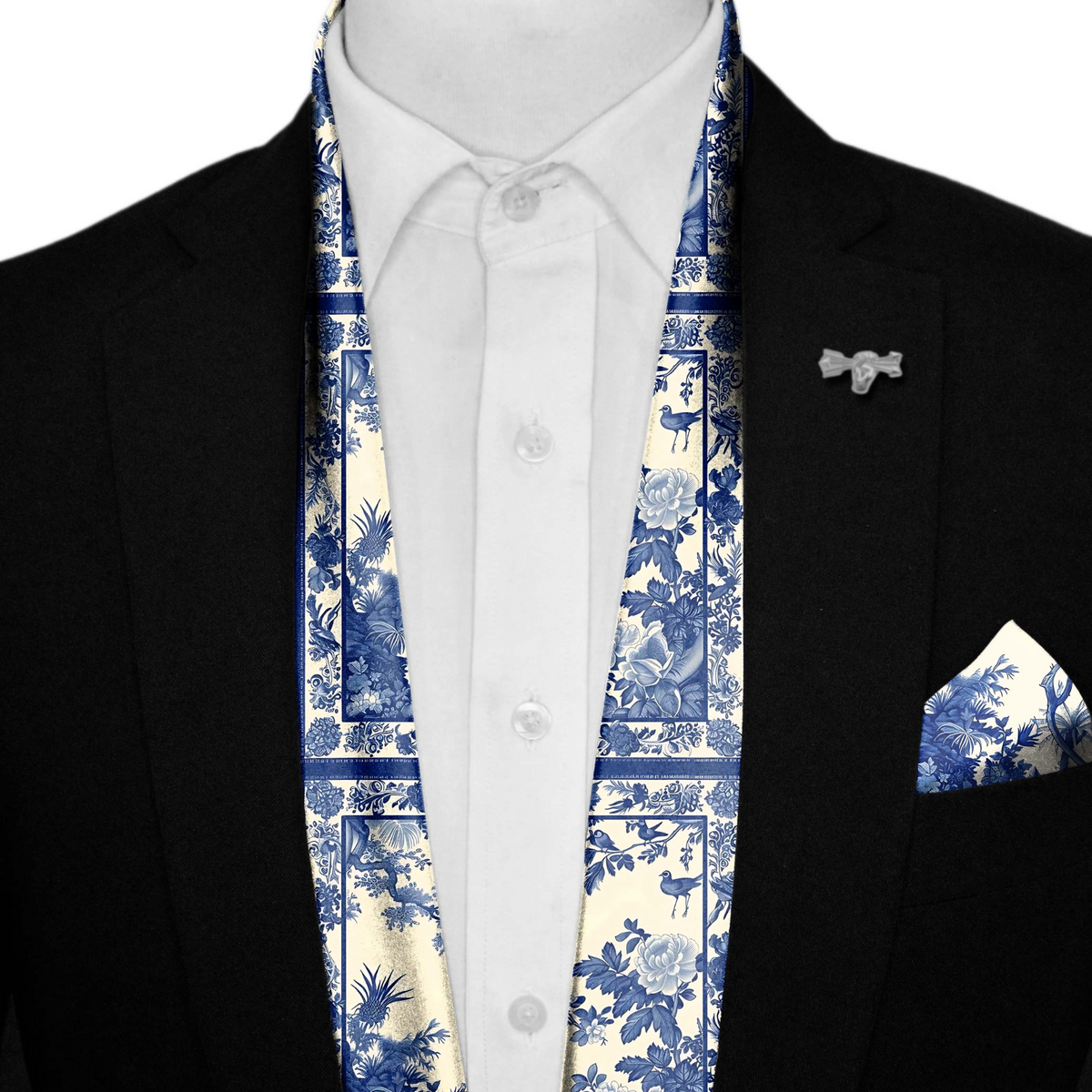 TRADITIONAL CHINESE SILK SCARF WITH LAPEL PIN AND POCKET SQUARE