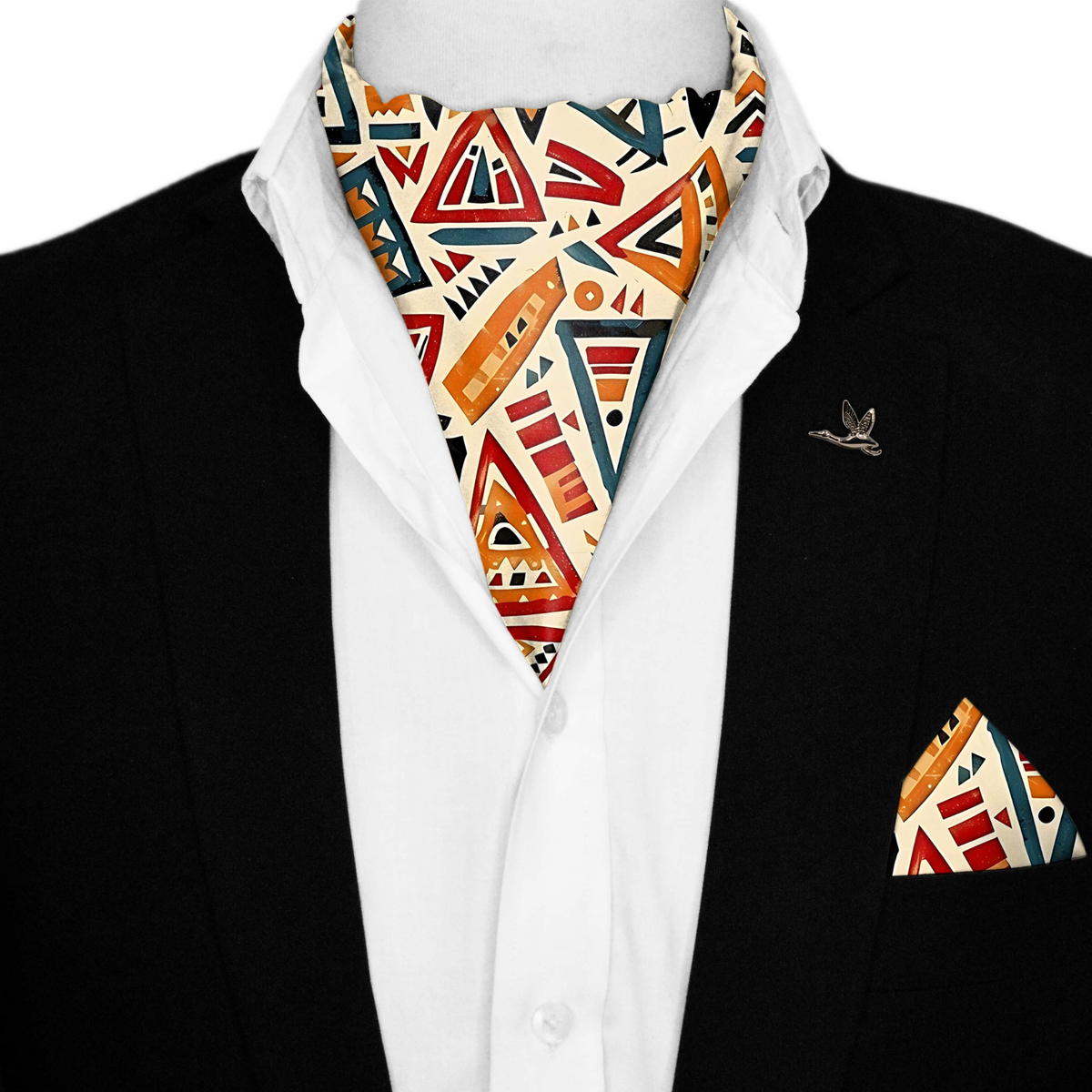WONDERLAND SILK ASCOT WITH LAPEL PIN AND POCKET SQUARE