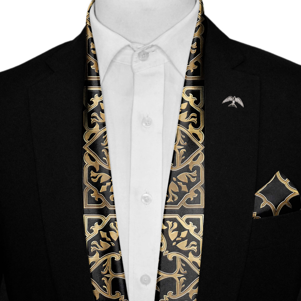 ARABIC FLORAL SILK SCARF WITH LAPEL PIN AND POCKET SQUARE