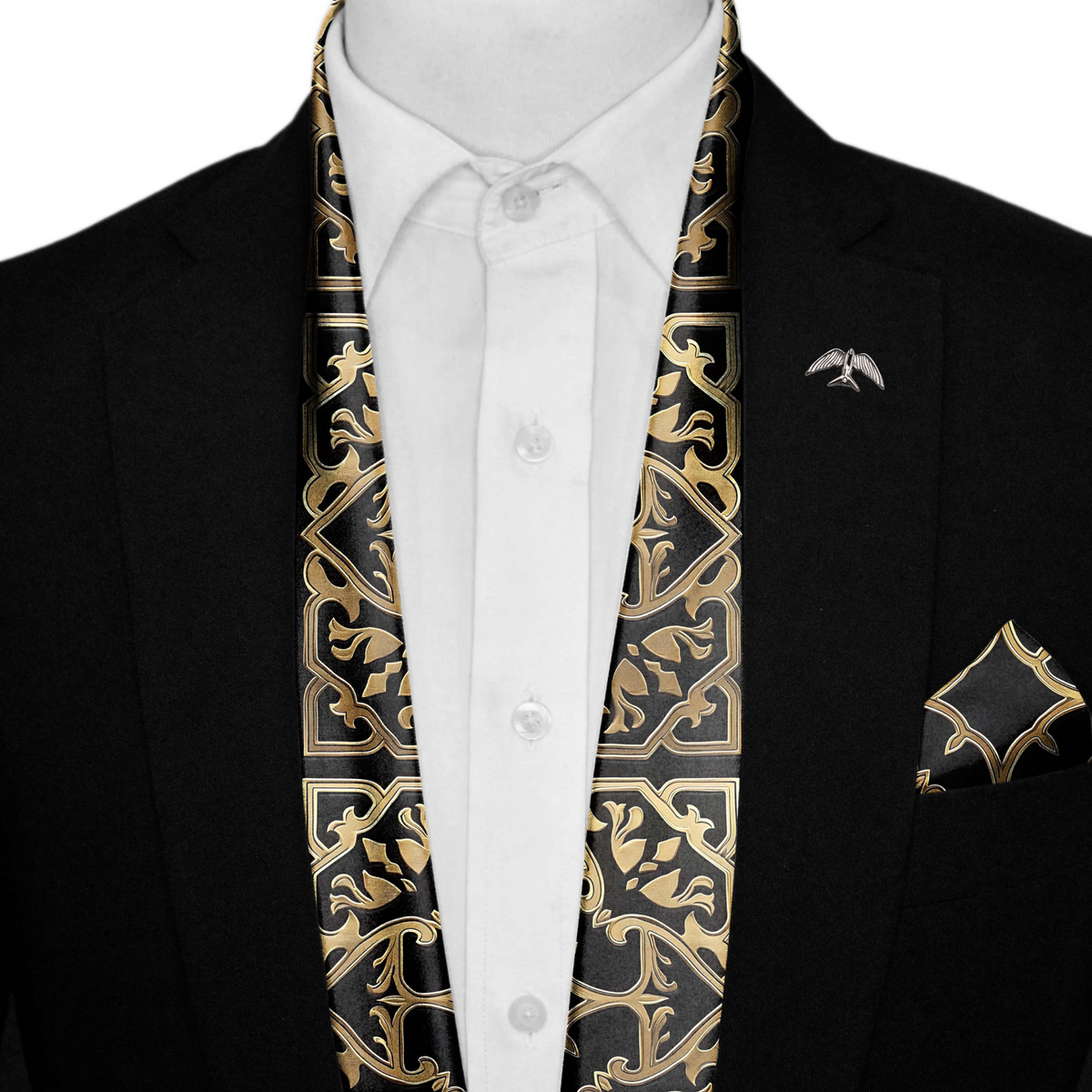 ARABIC FLORAL SILK SCARF WITH LAPEL PIN AND POCKET SQUARE