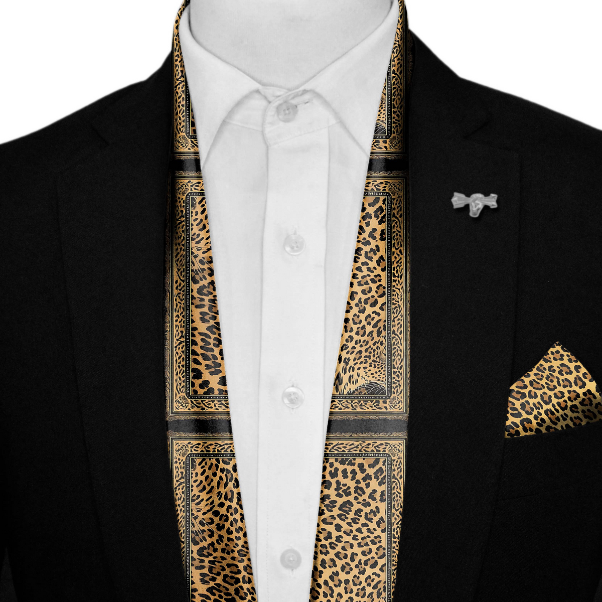 WILD ANIMAL SILK SCARF WITH LAPEL PIN AND POCKET SQUARE