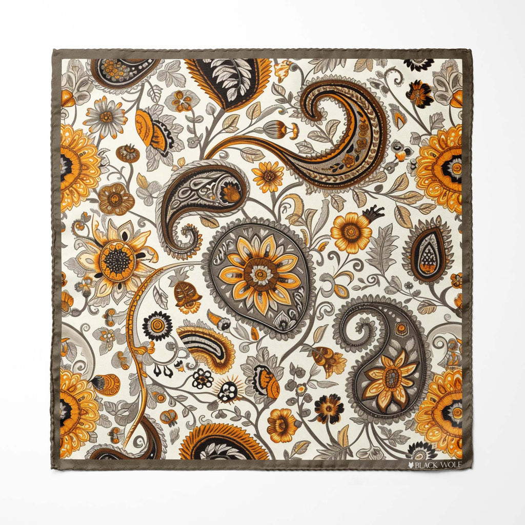 A DITSY PAISLEY SILK SCARF WITH LAPEL PIN AND POCKET SQUARE