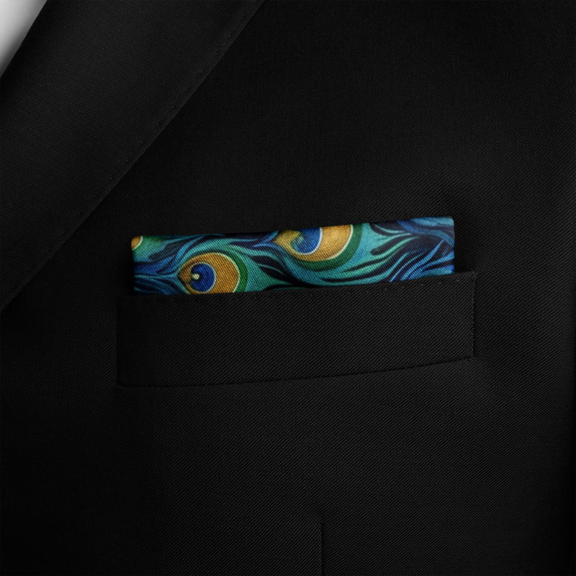 A MAJESTIC PEACOCK SILK POCKET SQUARE