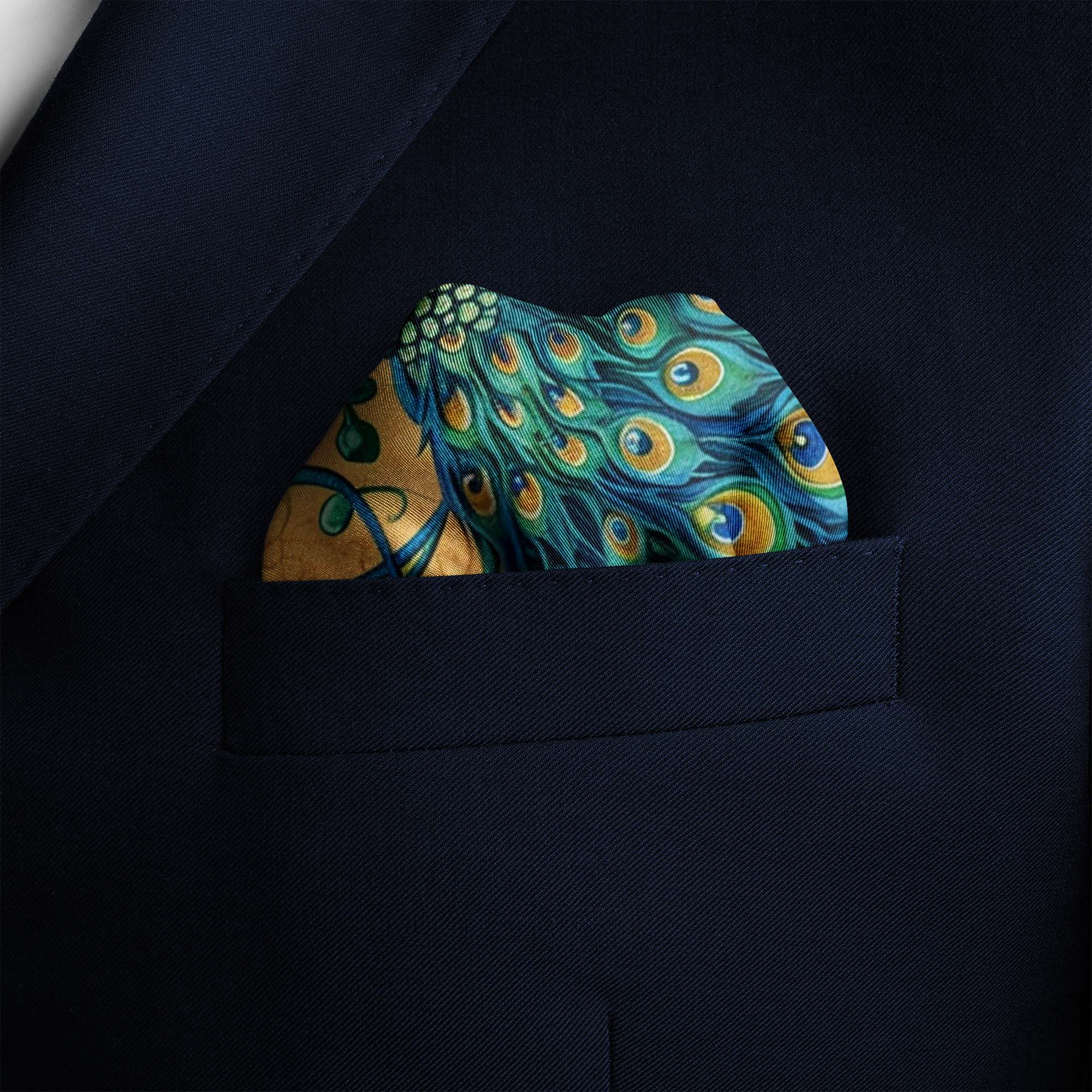 A MAJESTIC PEACOCK SILK POCKET SQUARE