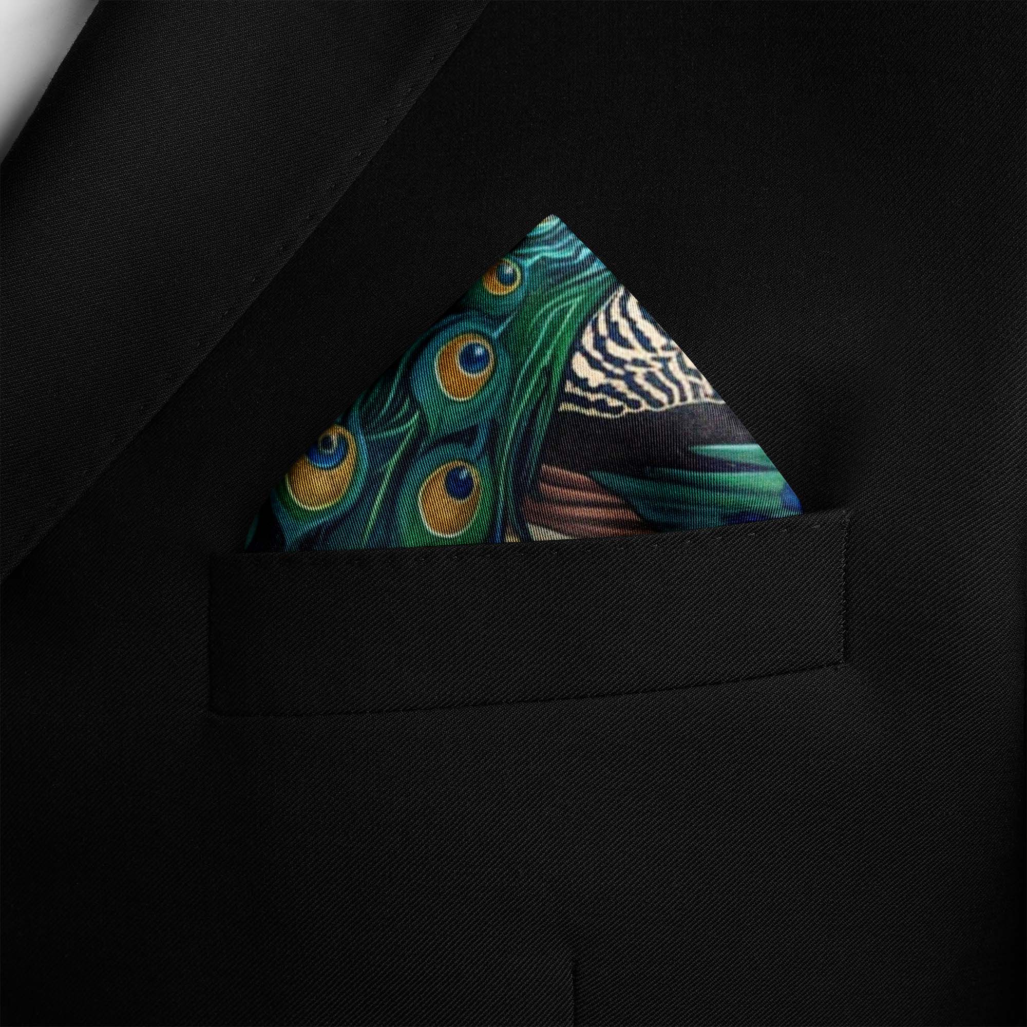 A MAJESTIC PEACOCK SILK POCKET SQUARE