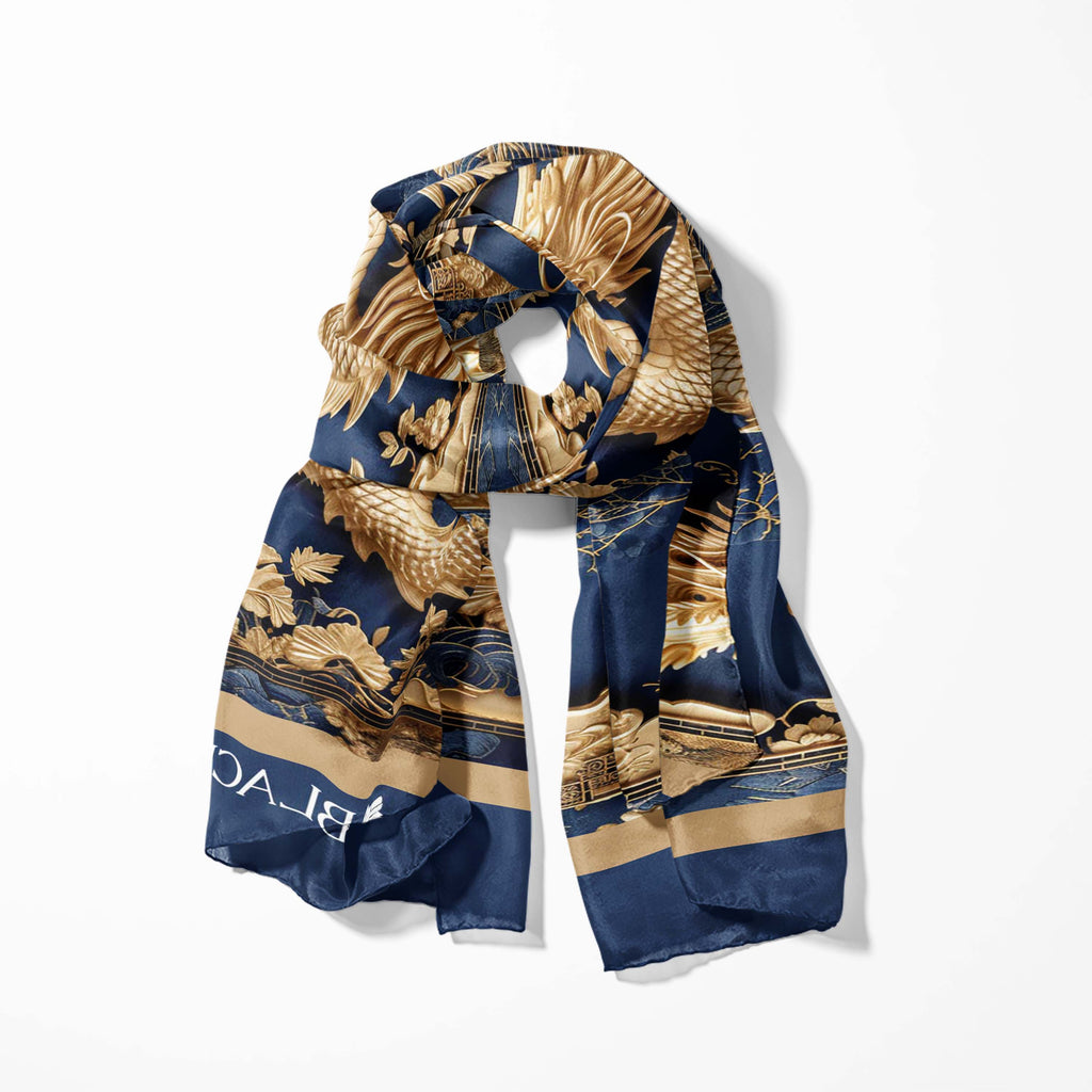 GOLD DRAGON SILK SCARF WITH LAPEL PIN AND POCKET SQUARE