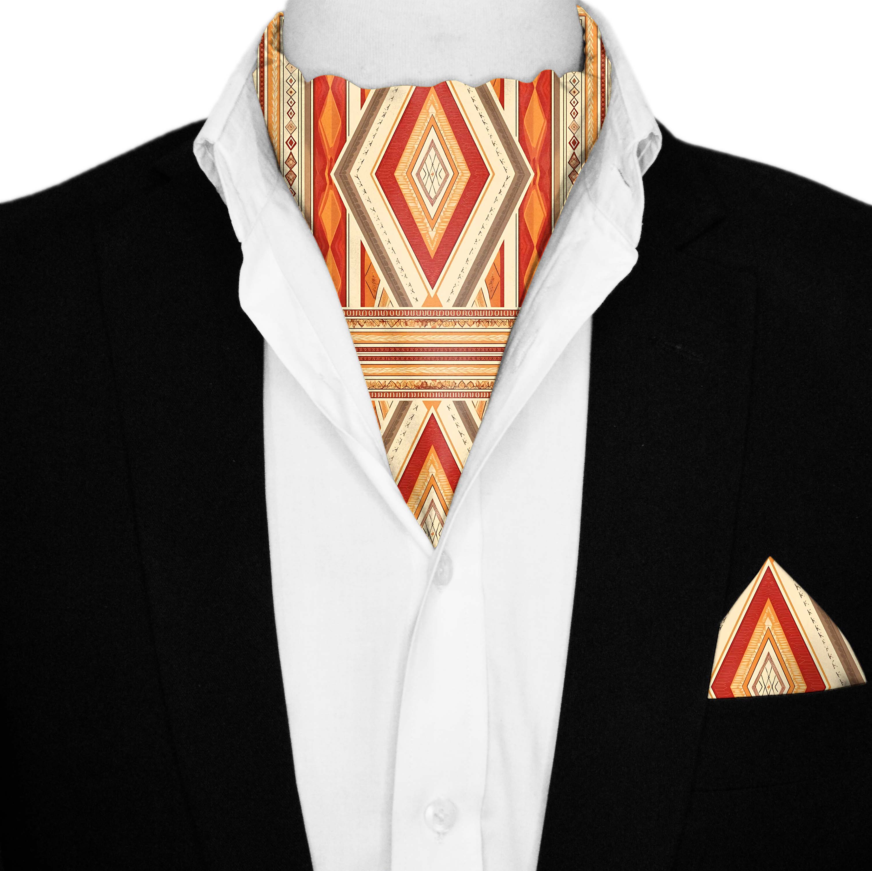 COLORFUL IKAT ETHNIC SILK ASCOT AND POCKET SQUARE SET – PREMIUM COLLECTION