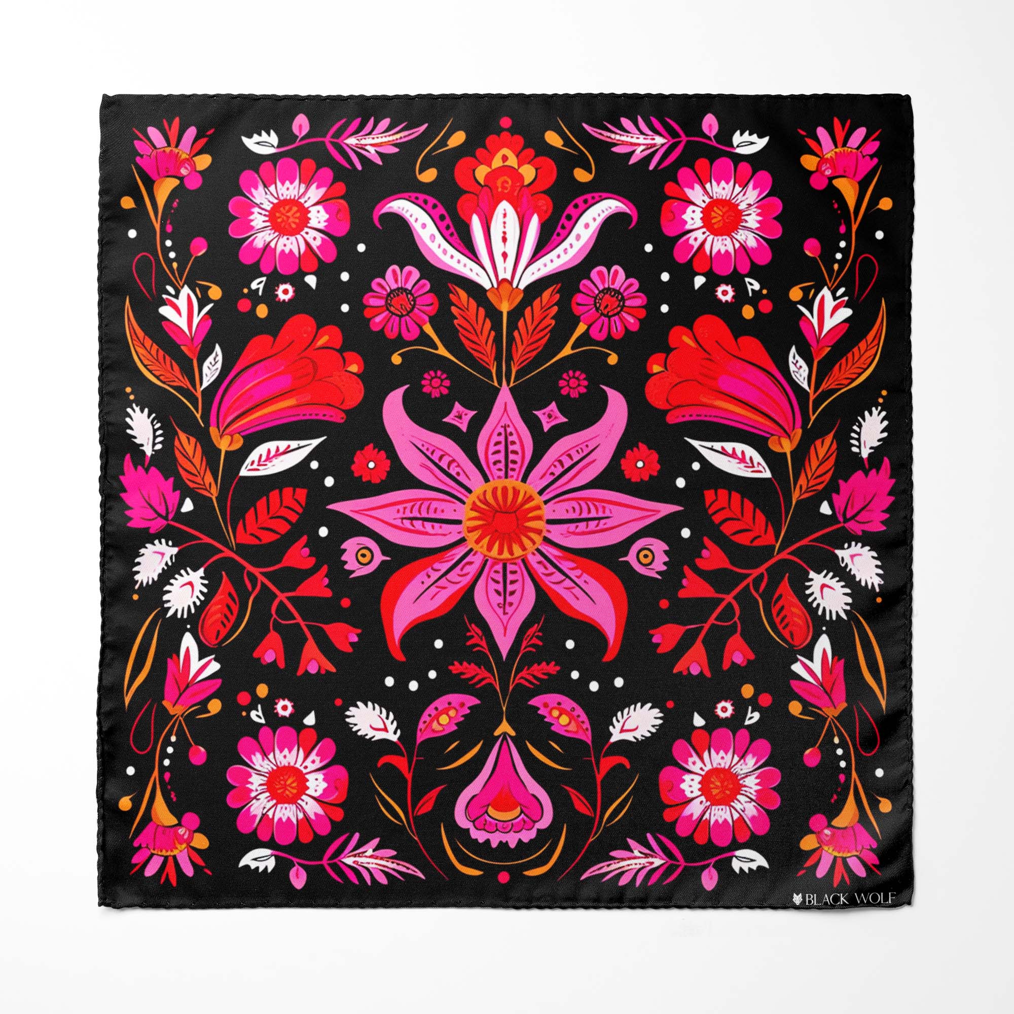 MEXICAN FLOWER SILK ASCOT WITH LAPEL PIN AND POCKET SQUARE