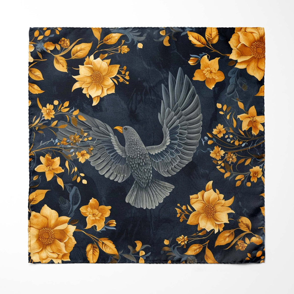 GOLD HUMMINGBIRDS SILK ASCOT WITH LAPEL PIN AND POCKET SQUARE