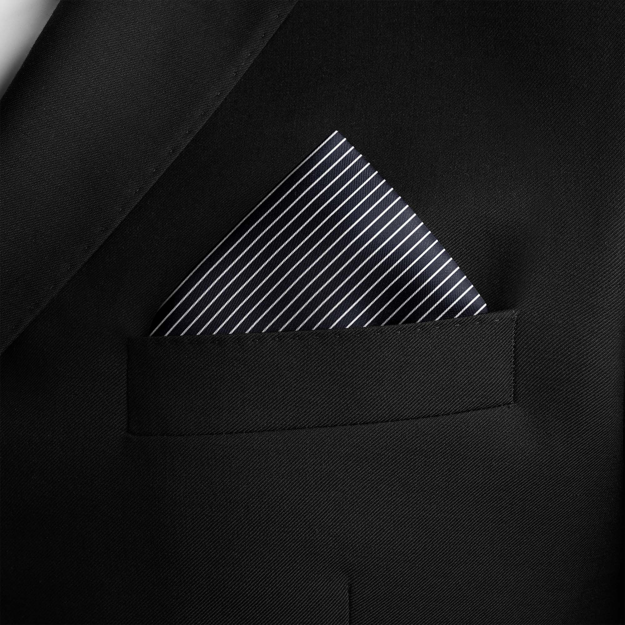 NAVY AND WHITE STRIPE SILK POCKET SQUARE