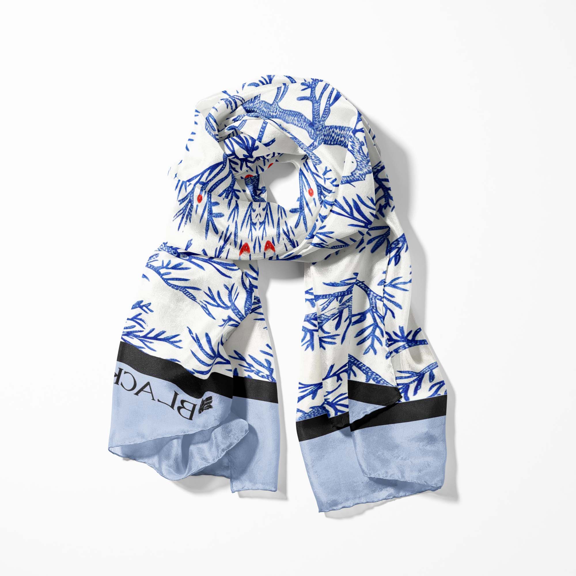 SNOWFLAKE TREE  SILK SCARF WITH LAPEL PIN AND POCKET SQUARE