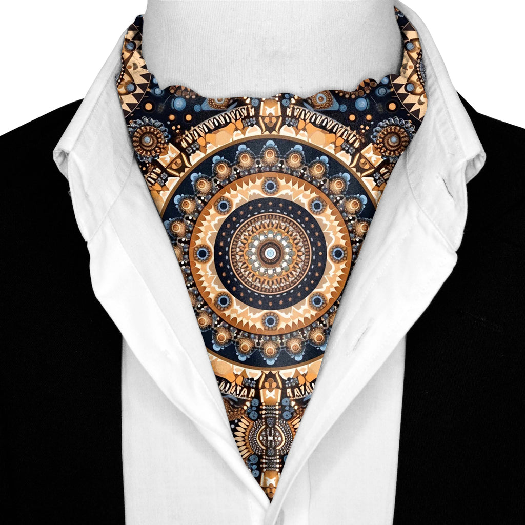 ETHNIC TRIBAL ROUND SILK ASCOT WITH LAPEL PIN AND POCKET SQUARE