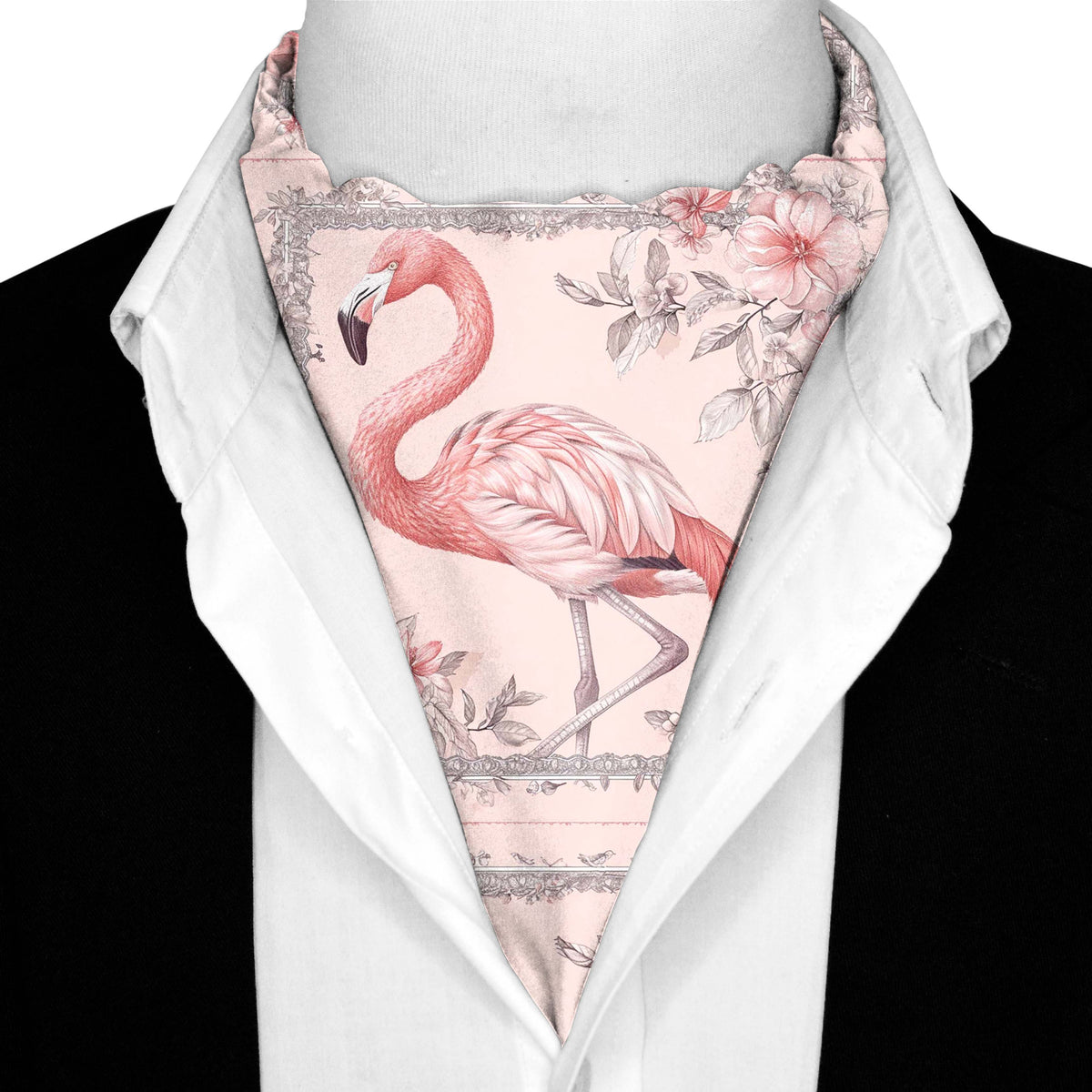 FLAMINGO SILK ASCOT WITH LAPEL PIN AND POCKET SQUARE