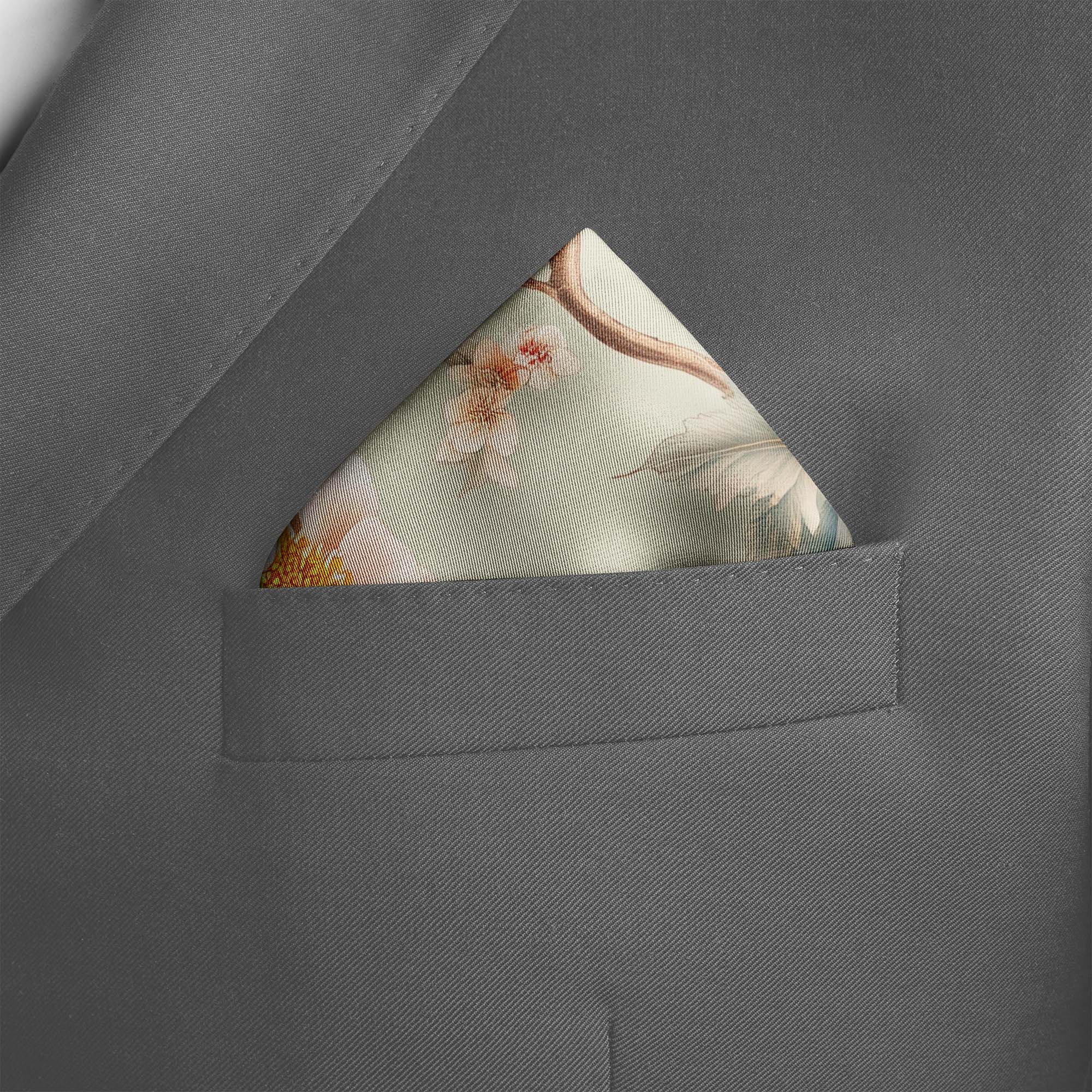 FLOWER WITH BIRD SILK POCKET SQUARE