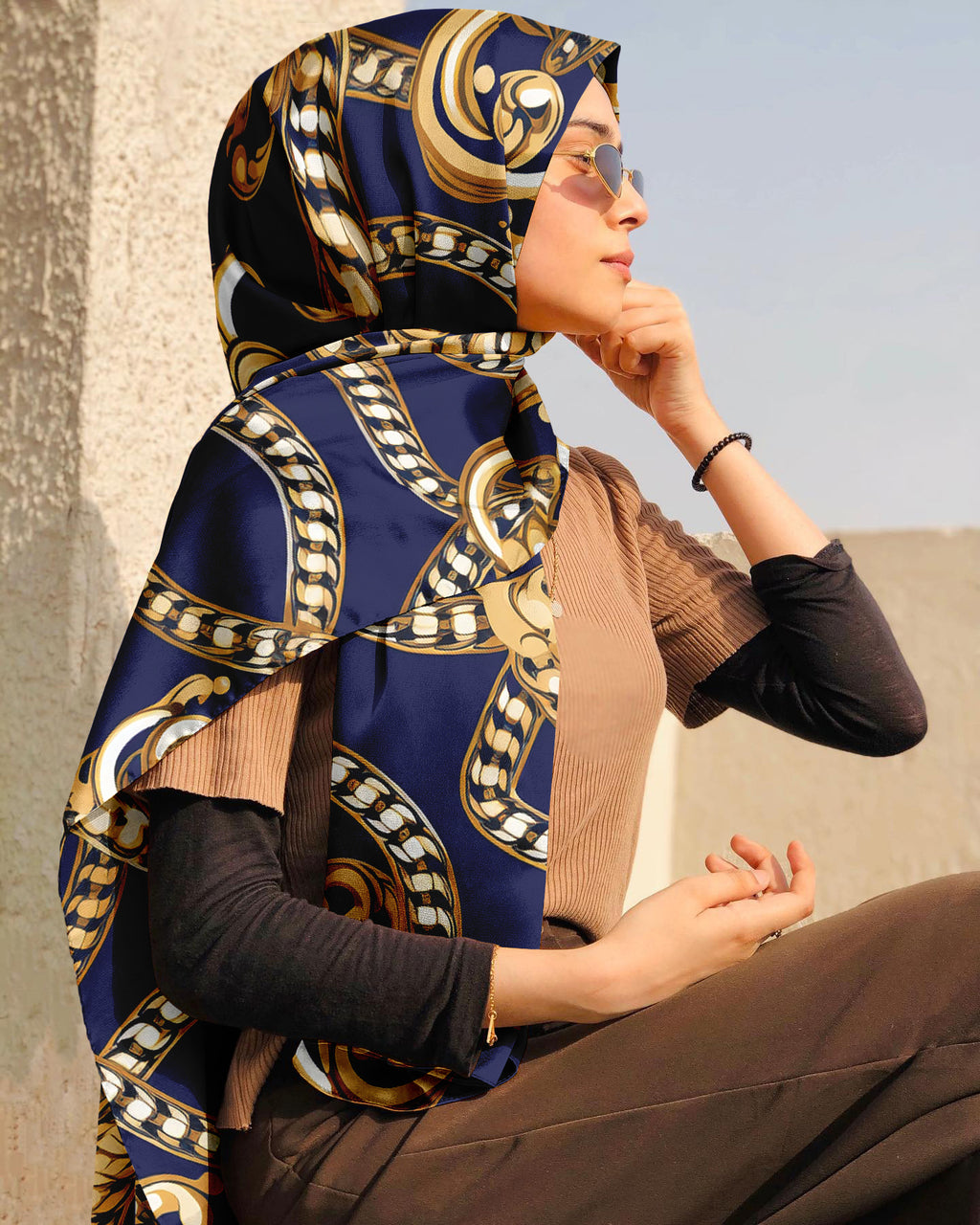 GOLD NAVY BLUE CHAIN LOOP SILK WOMEN HIJAB – PREMIUM COLLECTION