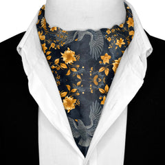 GOLD HUMMING BIRDS SILK ASCOT AND POCKET SQUARE SET – PREMIUM COLLECTION