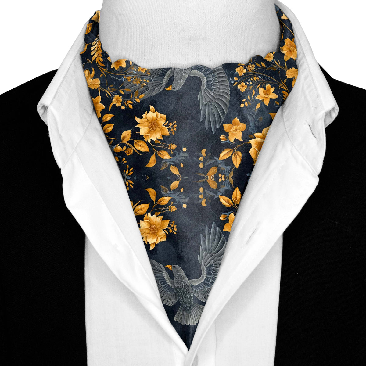 GOLD HUMMINGBIRDS SILK ASCOT WITH LAPEL PIN AND POCKET SQUARE