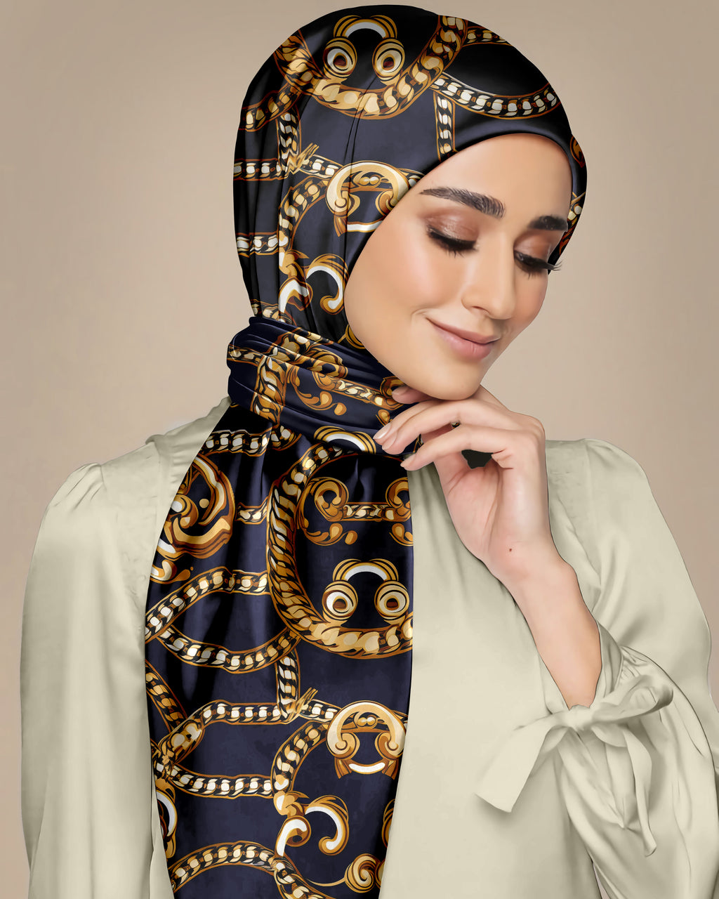 GOLD NAVY BLUE CHAIN LOOP SILK WOMEN HIJAB – PREMIUM COLLECTION