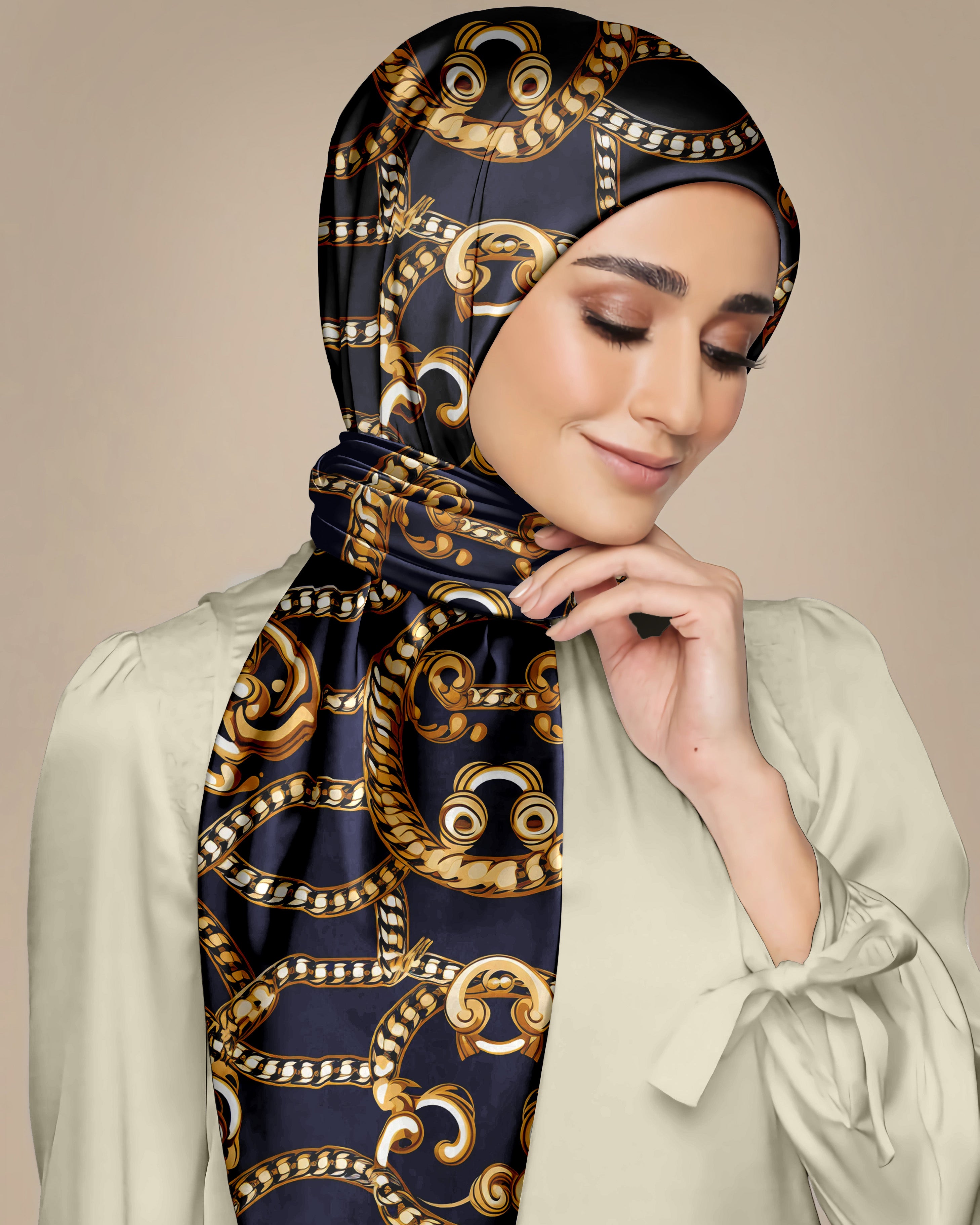 GOLD NAVY BLUE CHAIN LOOP SILK WOMEN HIJAB – PREMIUM COLLECTION
