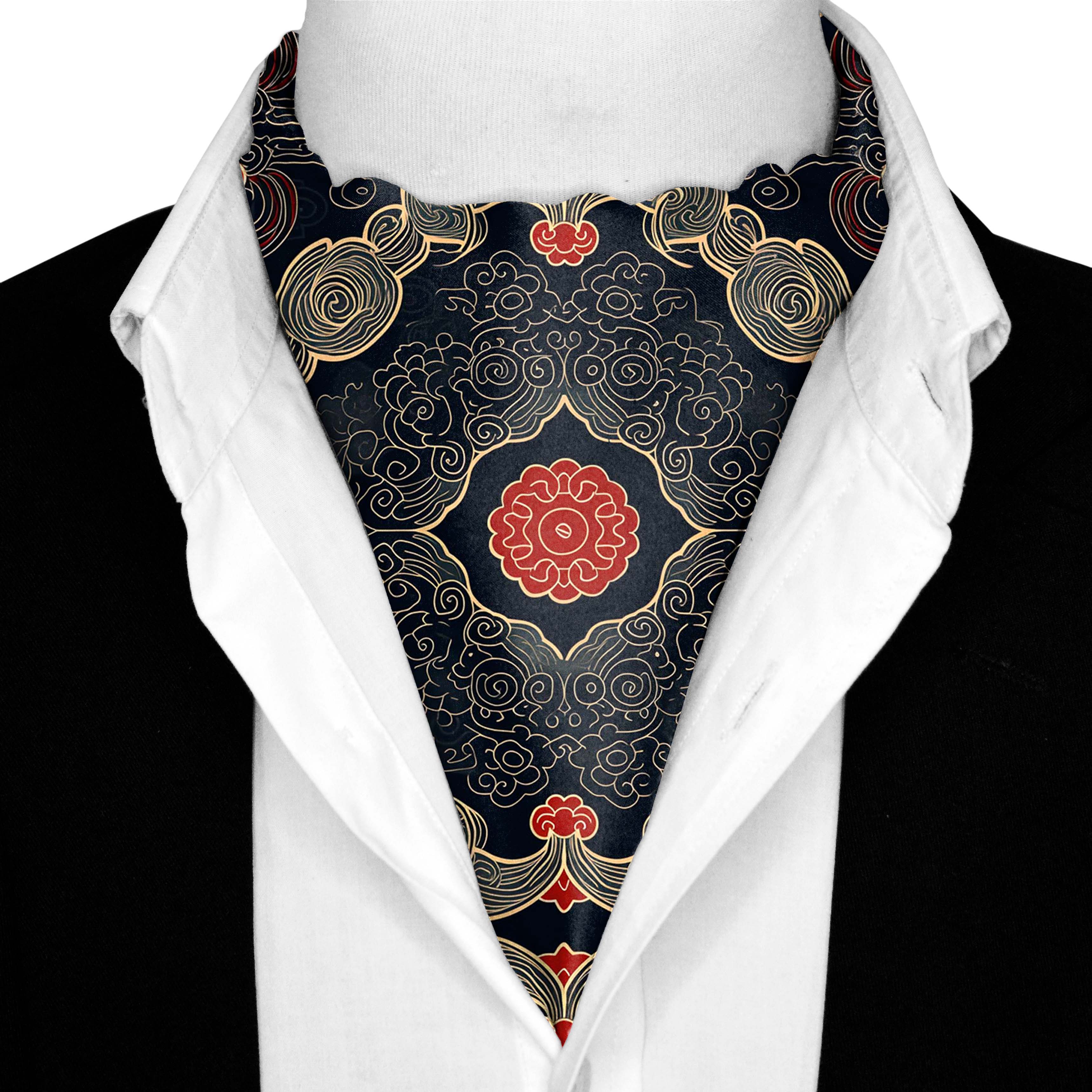 ABSTRACT IKAT SILK ASCOT WITH LAPEL PIN AND POCKET SQUARE