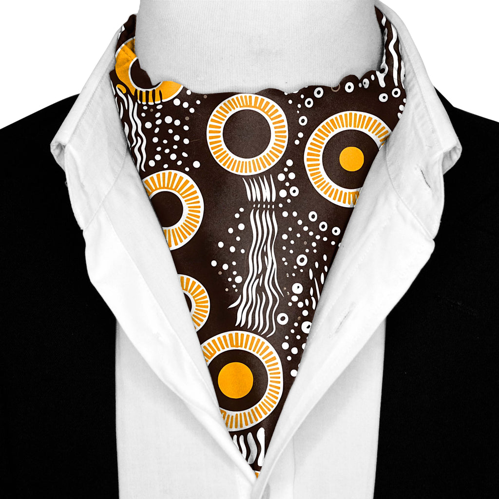 AUSTRALIAN ABORIGINAL SILK ASCOT WITH LAPEL PIN AND POCKET SQUARE