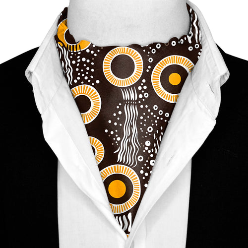AUSTRALIAN ABORIGINAL SILK ASCOT WITH LAPEL PIN AND POCKET SQUARE
